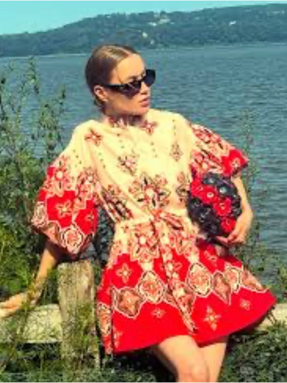 Red and Cream Floral Print Tie-Waist Mini Dress